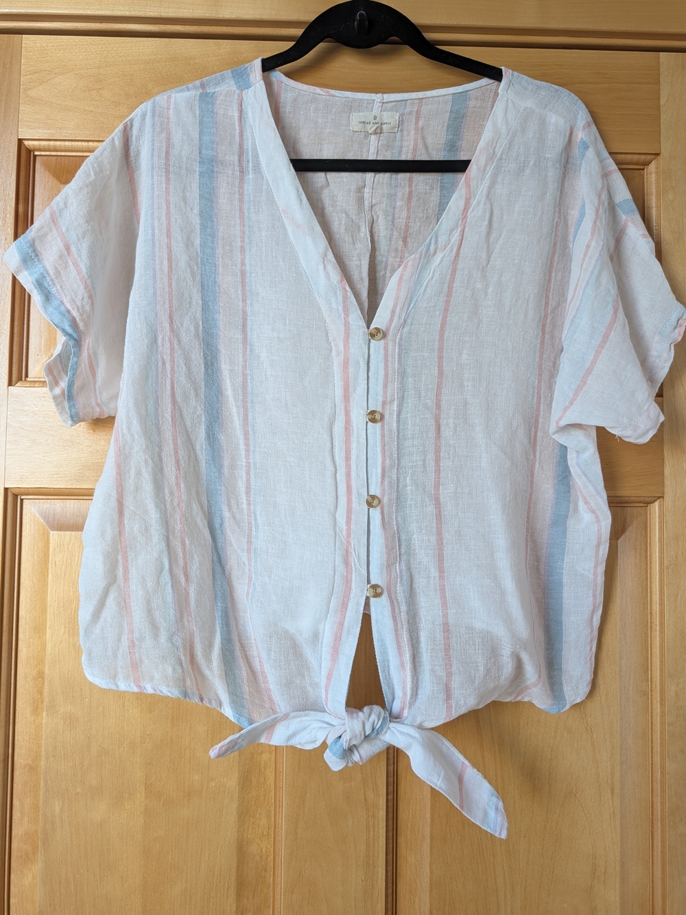 Thread & Supply White V-Neck Button Front Blouse with Blue & Pink Stripes